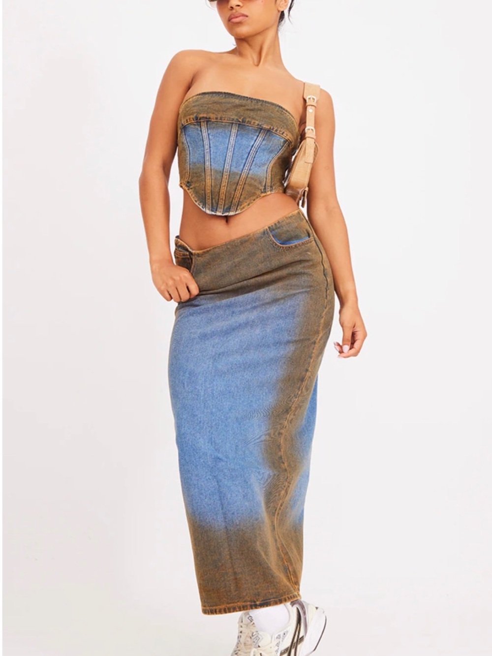 PrettyLittleThing Blue and Brown Denim-Effect Maxi Skirt